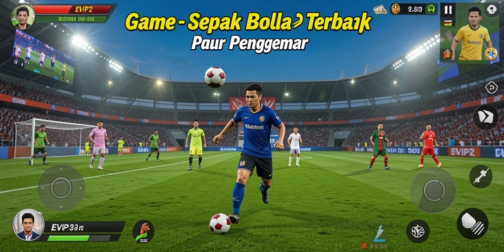 Screenshot gameplay EVIP2 yang menampilkan aksi sepak bola yang seru.