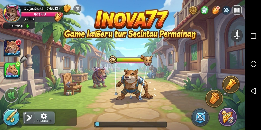 Tampilan menarik dari gameplay Idle INOVA77 dengan karakter dan sumber daya.