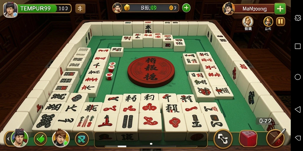 Screenshot utama TEMPUR99 menampilkan antarmuka permainan Mahjong yang menarik.