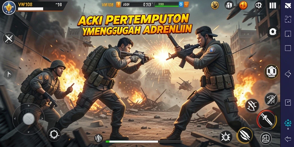 Tampilan gameplay VW108 menampilkan aksi pertempuran yang seru dan mendebarkan.