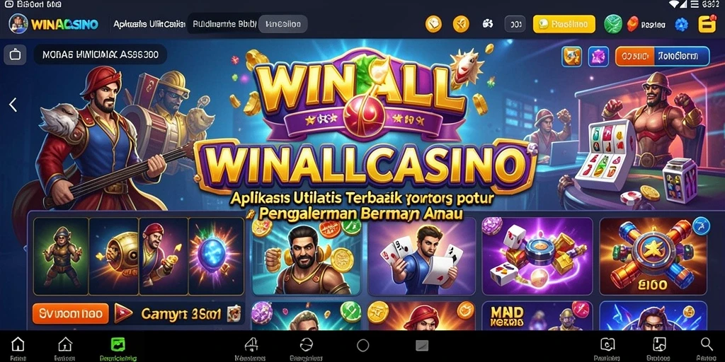 Screenshot menunjukkan tampilan antarmuka aplikasi WINALLCASINO yang menarik dan fungsional.